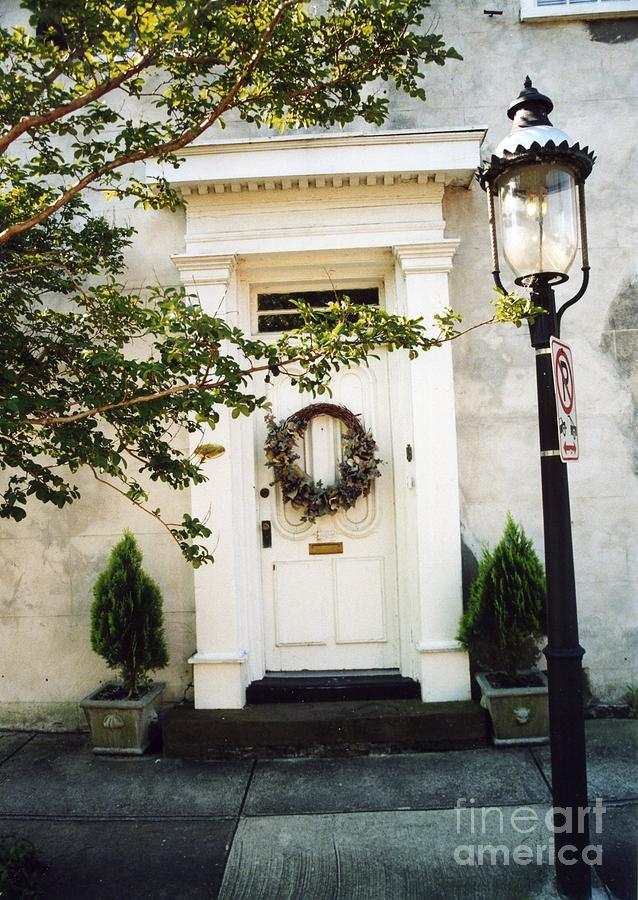 Charleston Door With Wreath And Street Lamp Photograph by Kathy Fornal