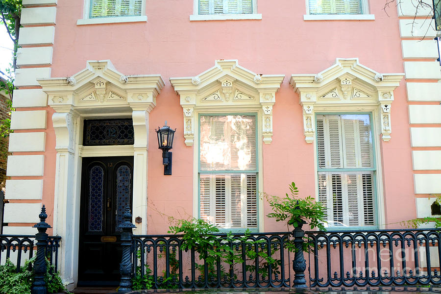 Charleston South Carolina Photograph - Charleston French Quarter District Mansion - Pink and Black French Architecture by Kathy Fornal