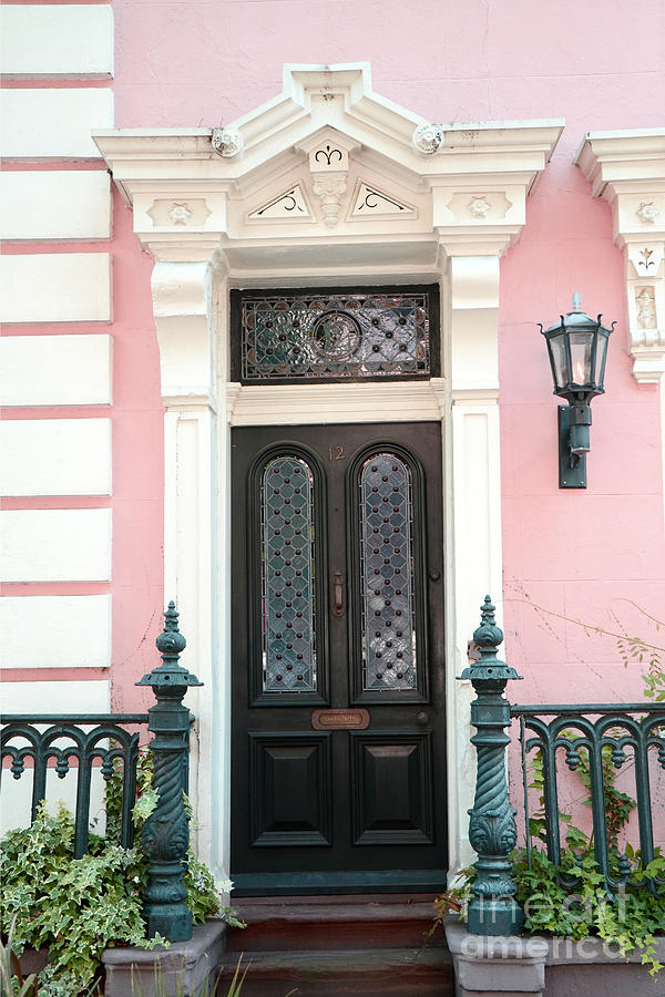 Charleston Photograph - Charleston French Quarter Pink House - Charleston French Architecture Pink Black White Door by Kathy Fornal