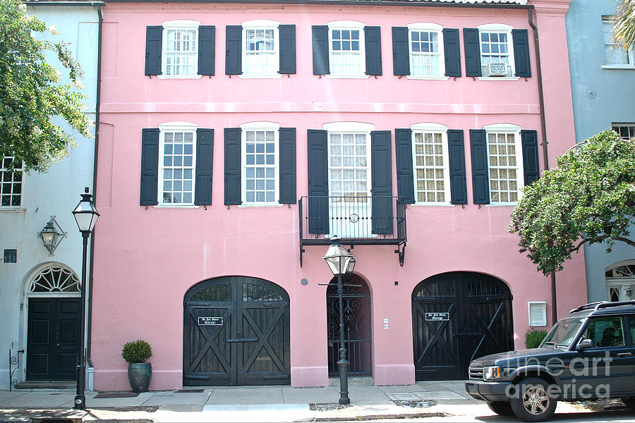 Charleston Rainbow Row Photograph - Charleston French Quarter Rainbow Row French Black and Pink Window Shutters Architecture by Kathy Fornal