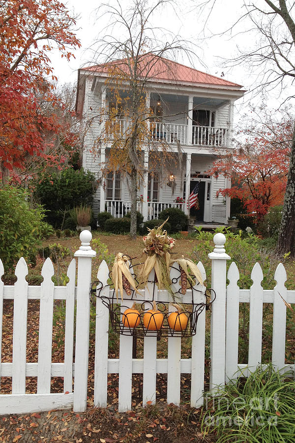 Charleston Historical Victorian Mansion - Charleston Autumn Fall Trees and White Picket Fence #5 Photograph by Kathy Fornal