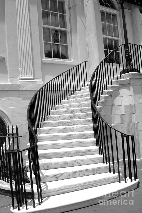 Charleston Houses Photograph - Charleston South Carolina Black White Staircase Architecture by Kathy Fornal
