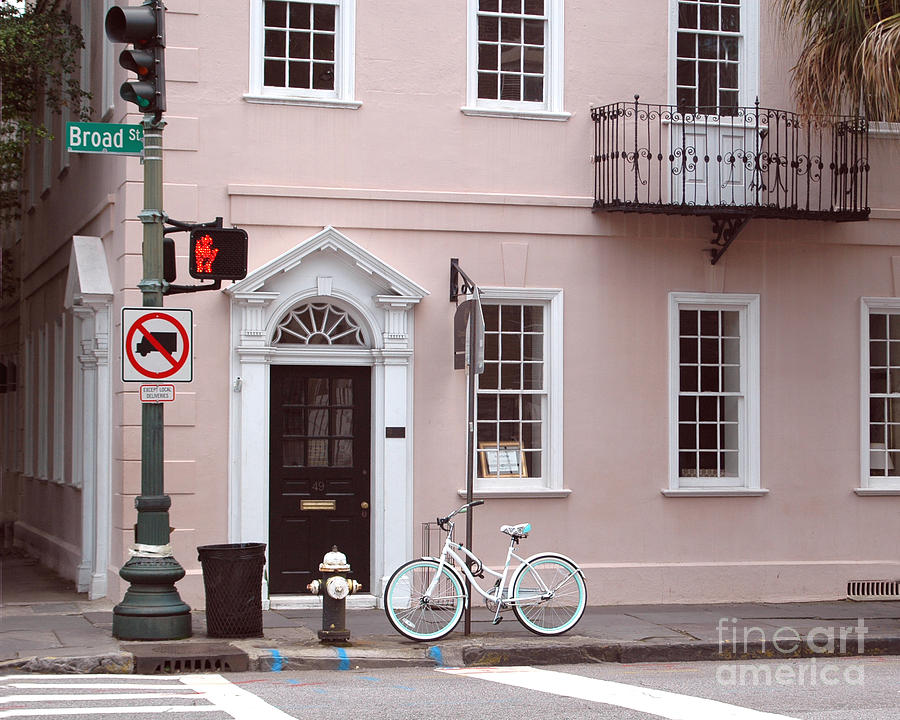 Charleston South Carolina Pink Architecture Street Scene and Bicycle Photograph by Kathy Fornal