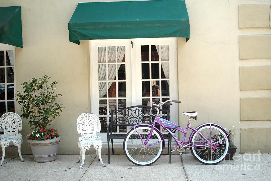 Charleston Windows and Bicycle Street Scene - Charleston French Quarter Architecture and Bicycle Photograph by Kathy Fornal