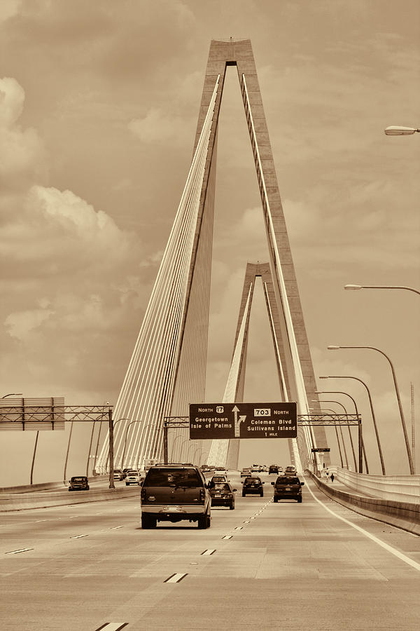 Charlestons Magnificent Cable Bridge In Sepia Photograph by Kathy Clark