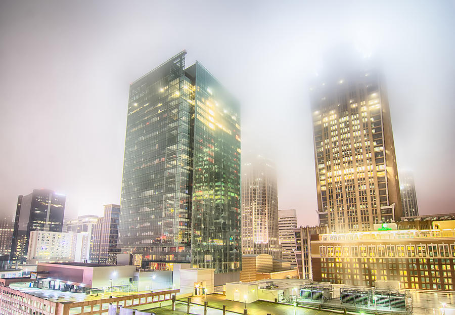 Charlotte City Skyline Night Scene In Fog Photograph by Alex Grichenko