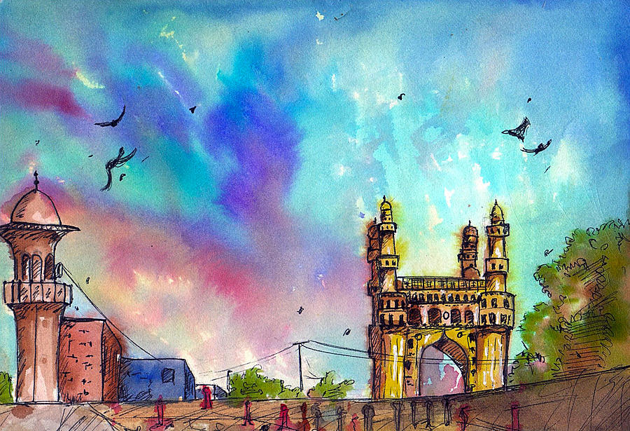 Hyderabad, telangana state, india. charminar. travel sketch. • wall  stickers worship, vintage, vector | myloview.com