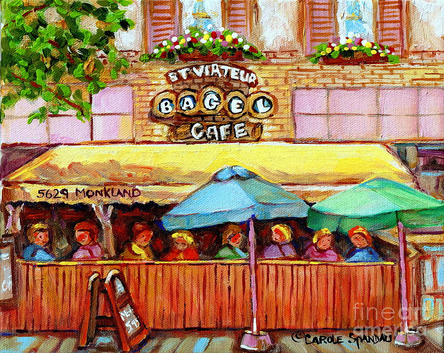 Charming French Cafe Scenes St Viateur Bagel Monkland Bistro Streets Montreal Paintings C Spandau Painting by Carole Spandau