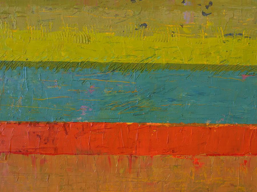 Abstract Painting - Chartreuse and Blue with Orange by Michelle Calkins