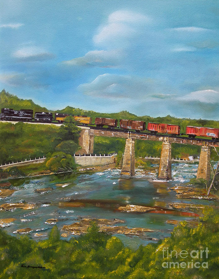 Chattahoochee Choo Choo -  Train on Trestle - Columbus GA Painting by Jan Dappen