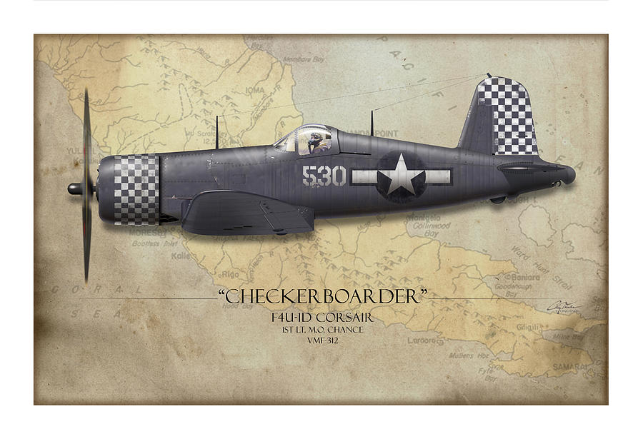 Aviation Painting - Checkerboarder F4u Corsair - Map Background by Craig Tinder Aviation Painting - Checkerboarder F4u Corsair - Map Background by Craig Tinder