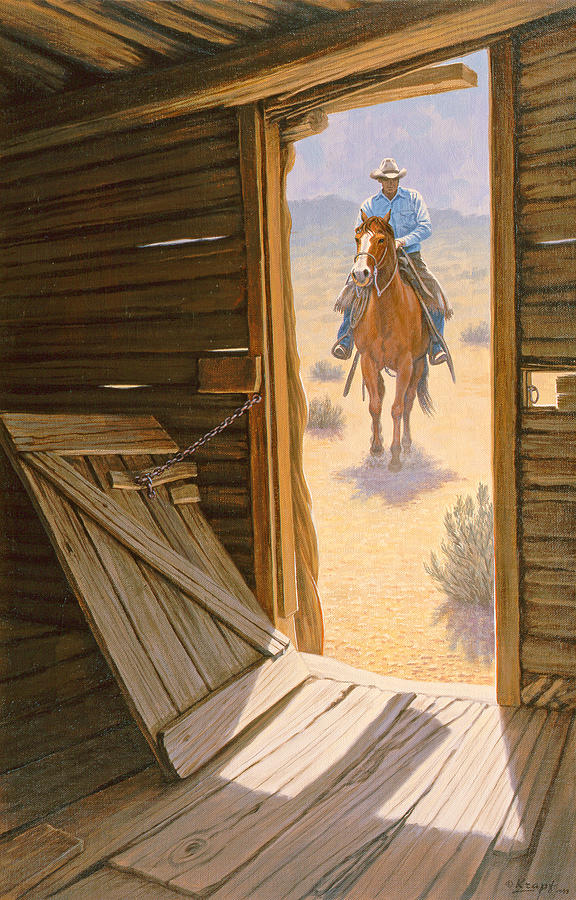 Cowboy Painting - Checking the Line Cabin by Paul Krapf Cowboy Painting - Checking the Line Cabin by Paul Krapf