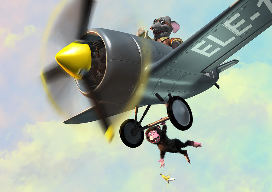 Animal Painting - Cheeky Monkey Hanging From Plane by Martin Davey
