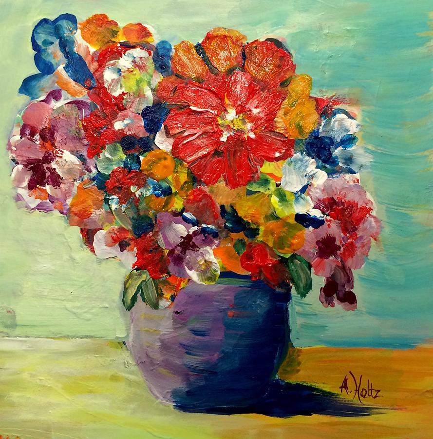 Cheerful Flowers In Pot Painting by Arlene Holtz