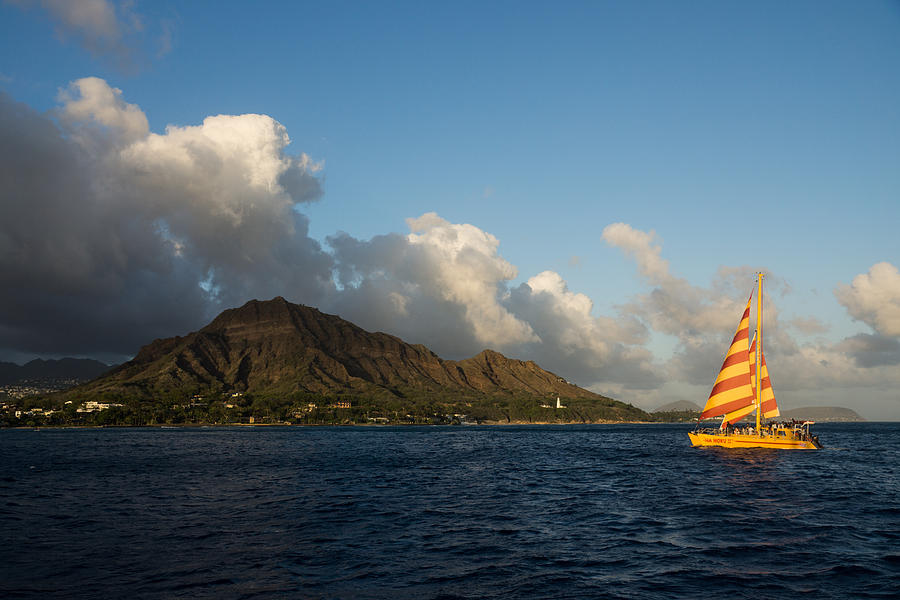 Cheerful Orange Catamaran and Diamond Head - Waikiki - Hawaii Photograph by Georgia Mizuleva