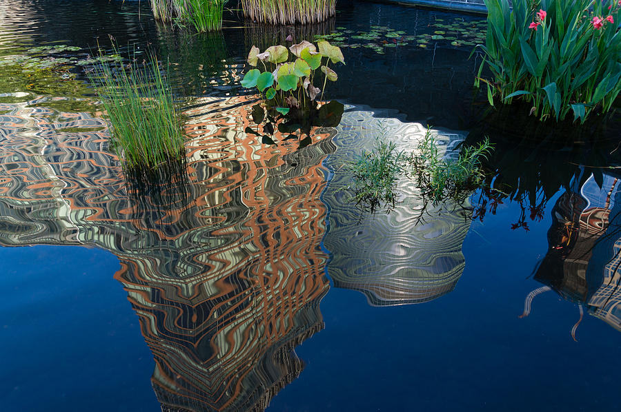 Cheerful Reflections - Beautiful Water Garden Reflecting Manhattan Skyscrapers Photograph by Georgia Mizuleva