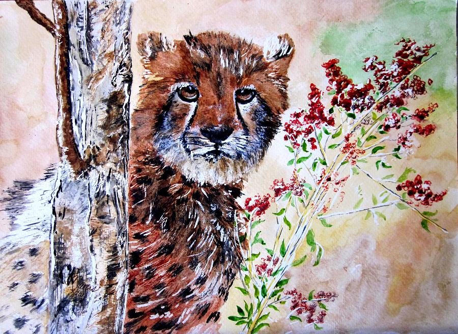 Cheetah Behind a Tree Painting by Maris Sherwood
