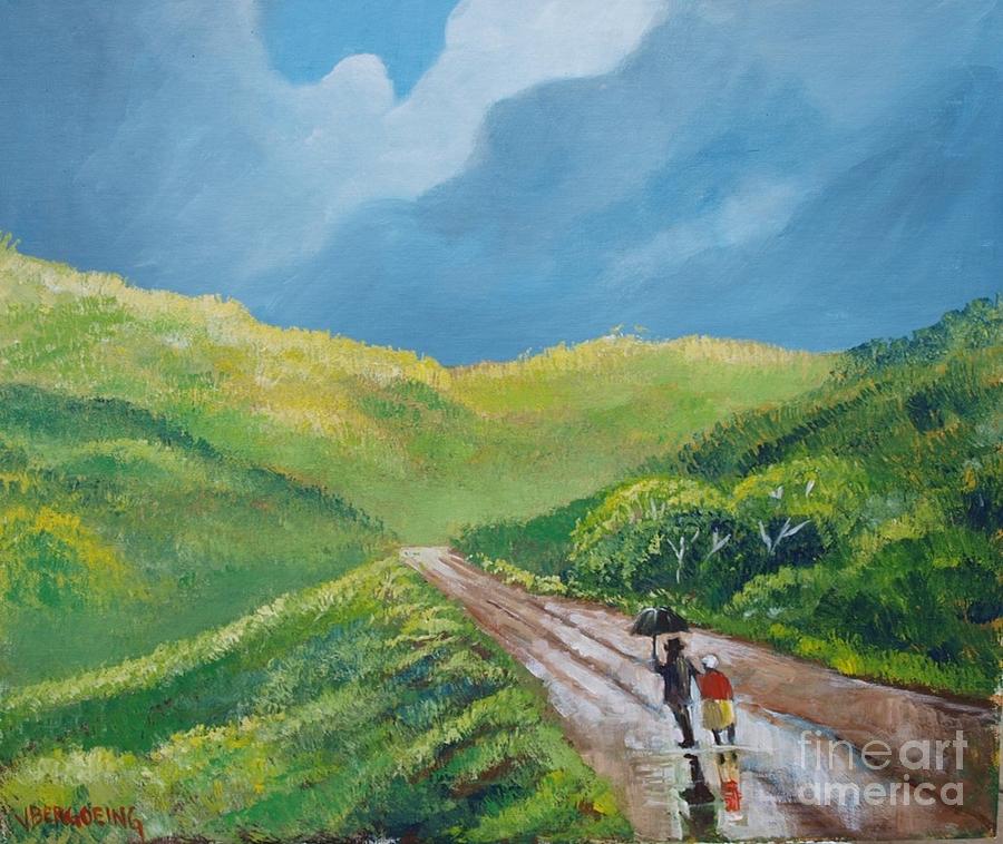 Chemin sous une pluie tropicale Painting by Jean Pierre Bergoeing
