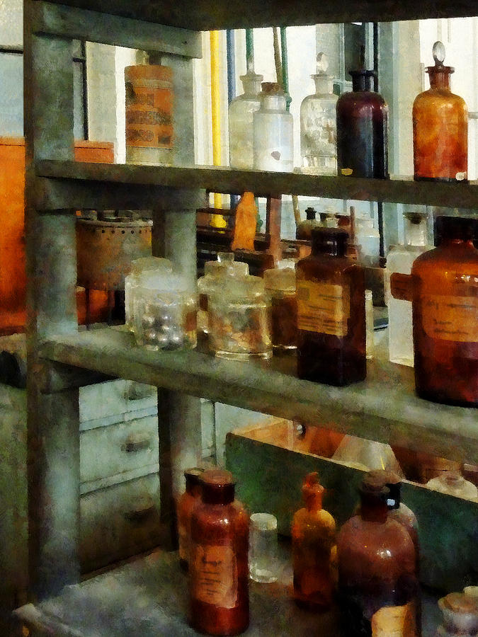 Bottle Photograph - Chemist - Bottles of Chemicals Tall and Short by Susan Savad