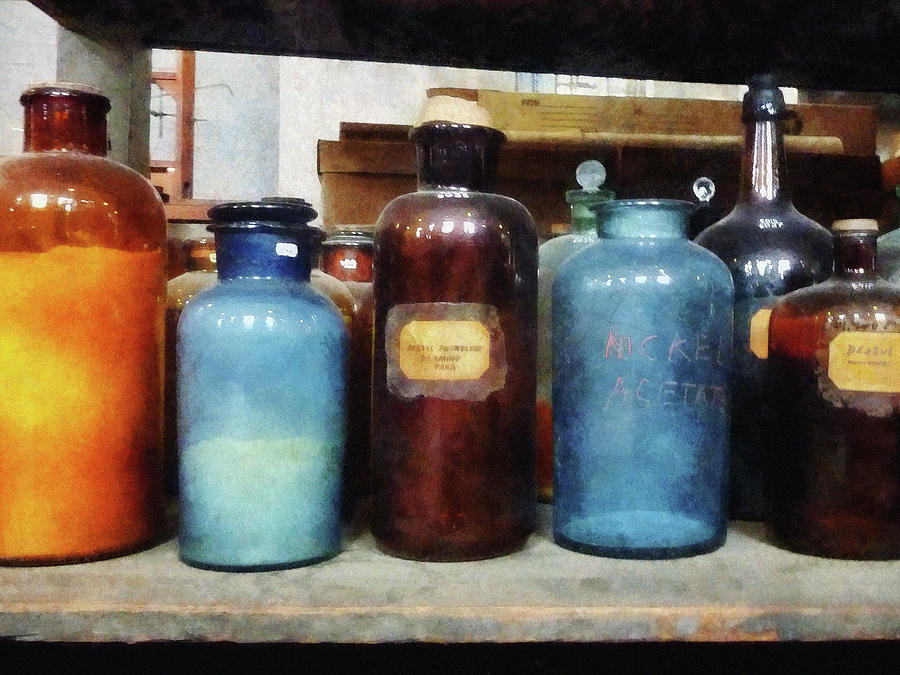 Chemist - Orange Brown and Blue Bottles Photograph by Susan Savad