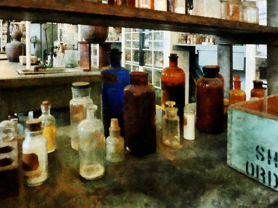 Chemistry - Assorted Chemicals in Bottles Photograph by Susan Savad