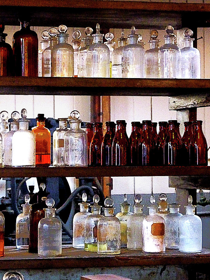 Bottle Photograph - Chemistry - Bottles of Chemicals on Shelves by Susan Savad