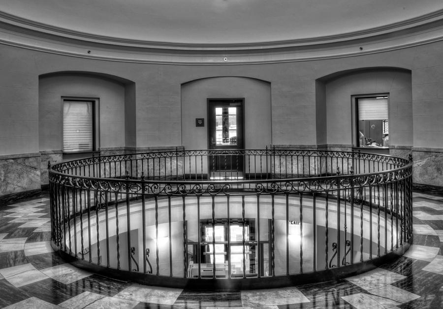 Black And White Photograph - Cherokee County Courthouse Second Floor in Black and White by Greg and Chrystal Mimbs