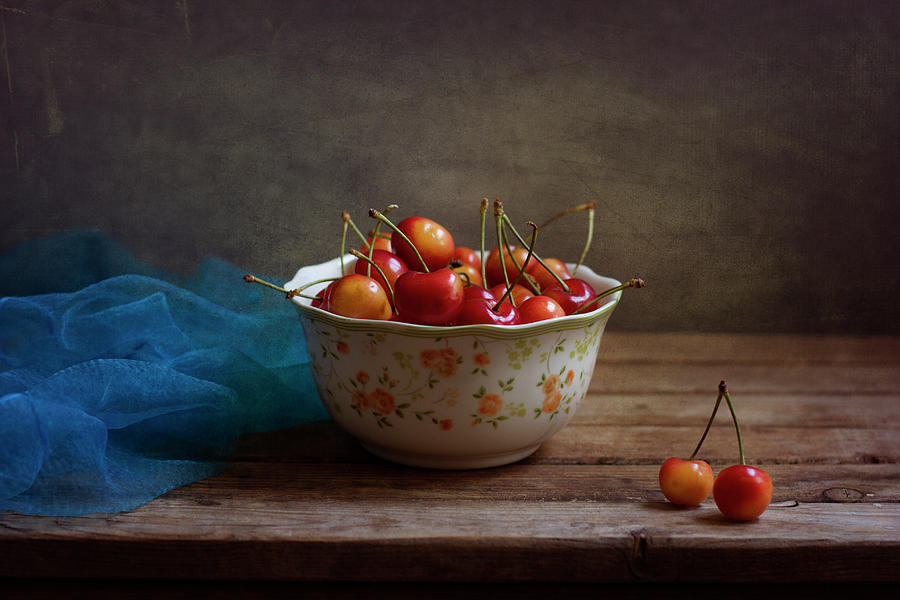 Cherries In Bowl With Blue Gauze Photograph by Copyright Anna Nemoy(xaomena)