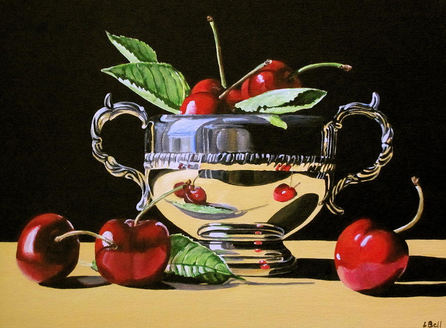 Still Life Painting - Cherries in silver by Lillian  Bell