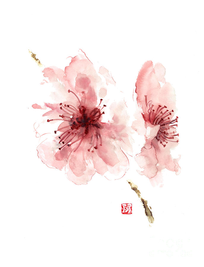 Cherry blossom art print watercolor painting japanese flowers large poster  by Joanna Szmerdt