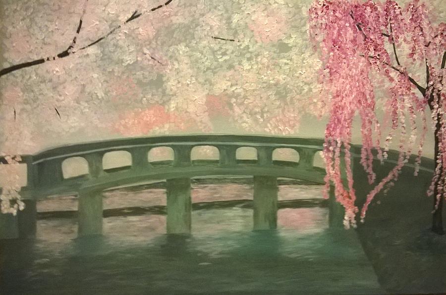 Cherry Blossom Bridge Painting by Deb Mayer