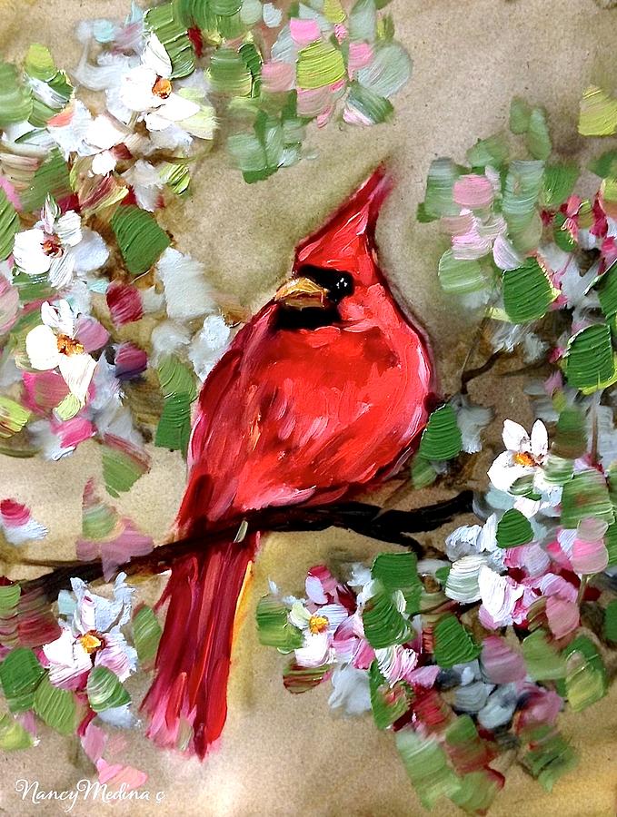 Landscape Painting - Cherry Blossom Percher Cardinal by Nancy Medina
