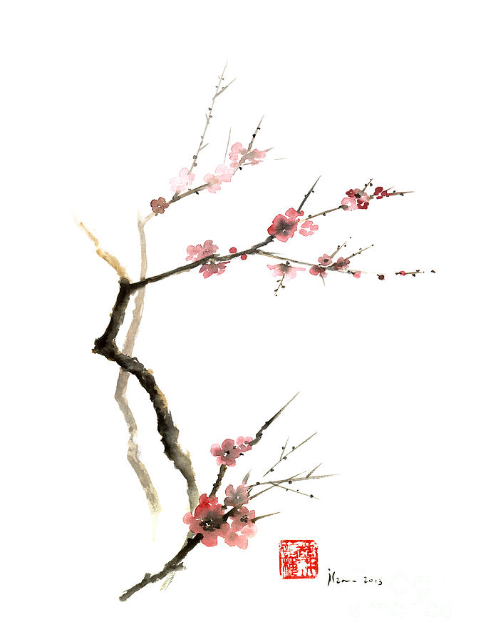 Cherry Blossom Sakura Flowers Pink Red White Brown Black Tree Flower Watercolor Painting Painting By Mariusz Szmerdt