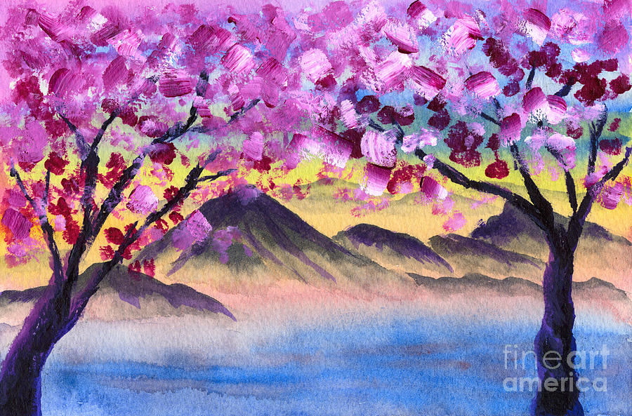 Cherry Blossom Trees by the Lake at Dusk Painting by Beverly Claire Kaiya