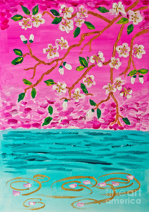 Cherry Blossoms Branch with Water Ripples Acrylic Painting Painting by Beverly Claire Kaiya