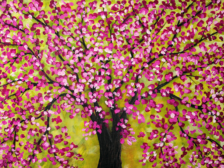 Cherry Orchard - Pink - Green Painting by Julia Bars