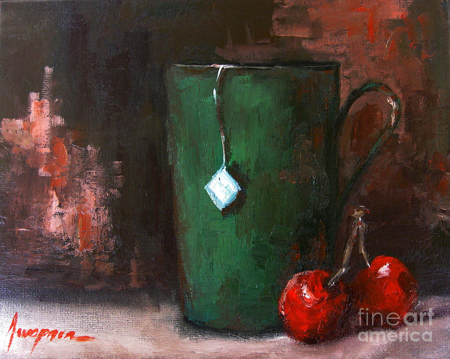 Cherry Tea in green mug painting Painting by Patricia Awapara