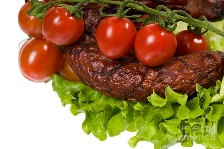 Lettuce Photograph - Sausage With Lettuce And Cherry Tomato  by Arletta Cwalina
