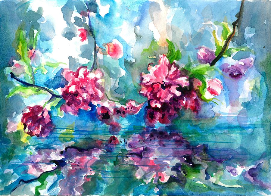 Cherry Tree Blossom Mirroring in Water Painting by Tiberiu Soos