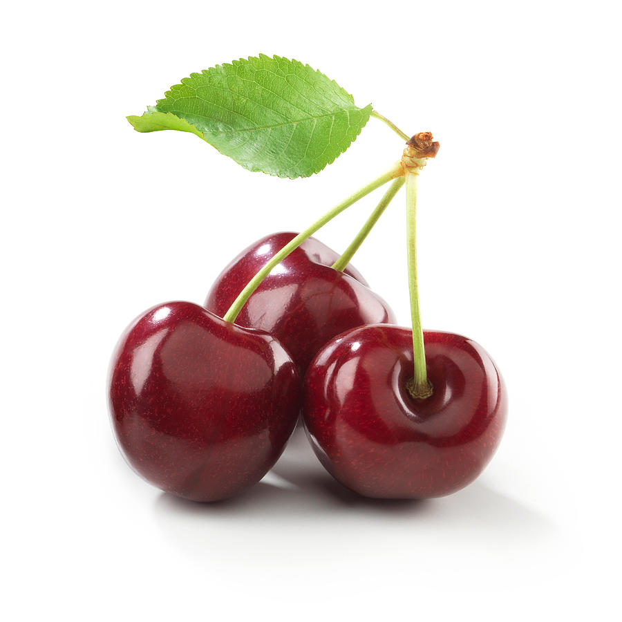 Cherry trio with stem and Leaf Photograph by RedHelga