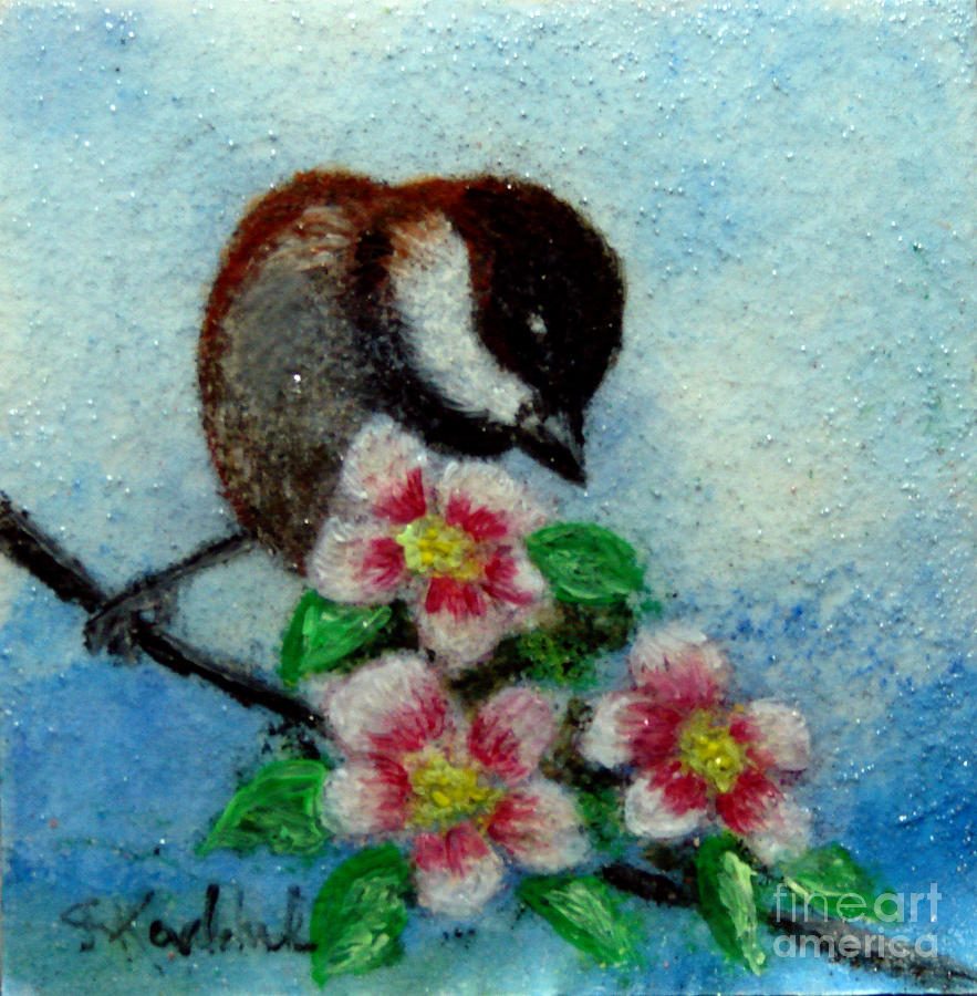 Chestnut Backed Chickadee - Blossoms Mixed Media by Carol Kovalchuk