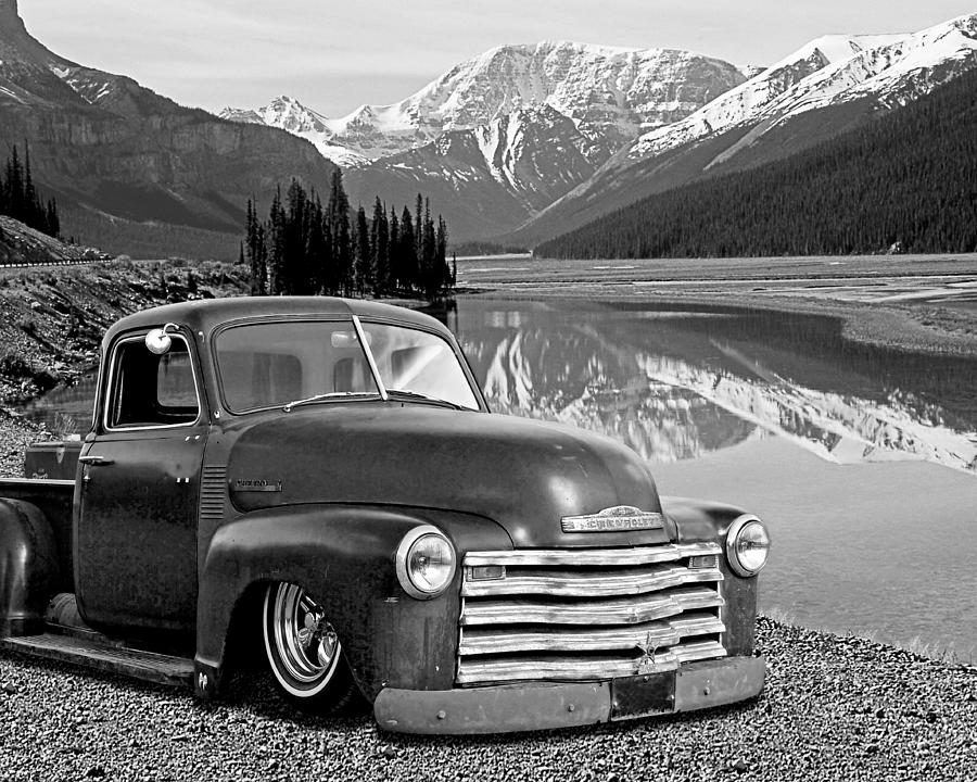Chevy Pickup in the Rockies in Black and White Photograph by Gill Billington