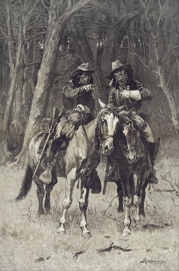 Cheyenne Scouts Patrolling the Big Timber of the North Canadian Oklahoma Drawing by Frederic Remington
