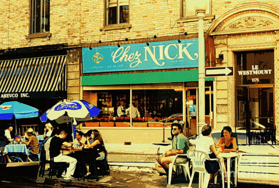 Chez Nick On Greene Avenue Montreal In Summer Cafe Art Westmount Terrace Bistros And Umbrellas Painting by Carole Spandau