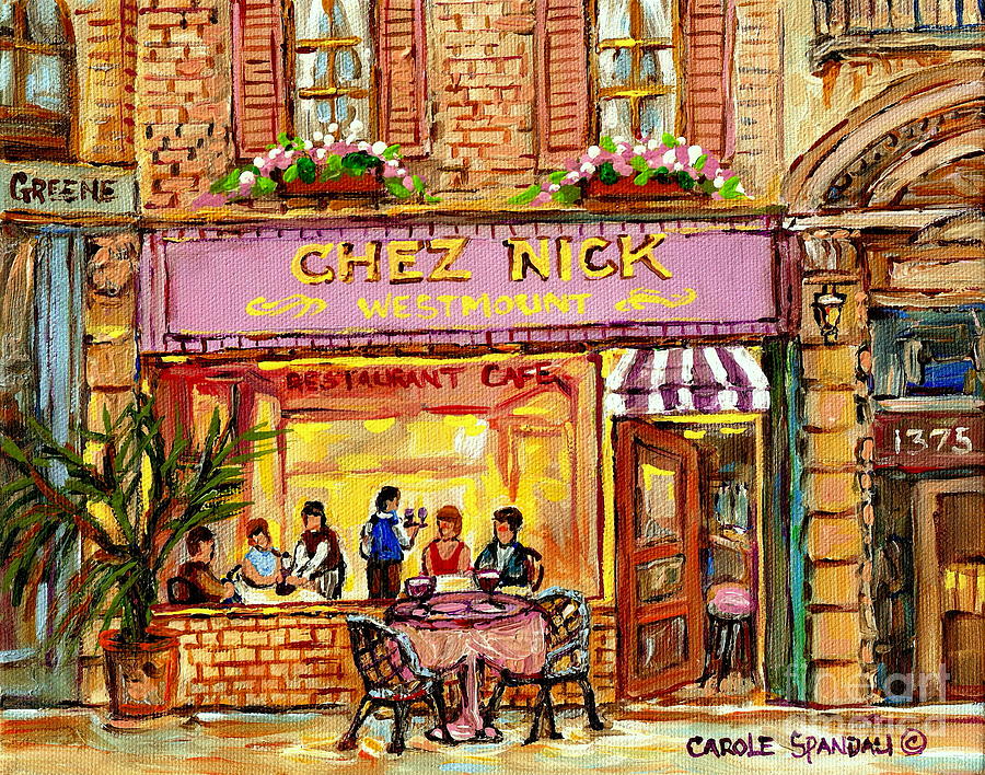 Chez Nicks Restaurant Paris Style Bistro Paintings Art Of Montreal City Scenes Romantic Diners  Painting by Carole Spandau