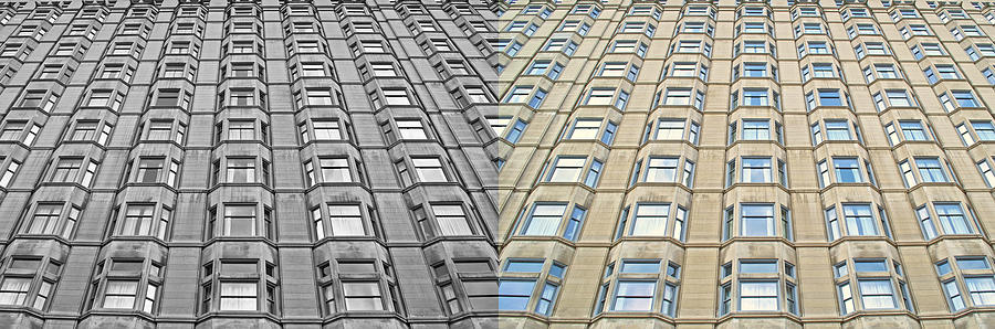 Chicago Abstract Congress Plaza Hotel Windows 2 Panel Photograph by Thomas Woolworth