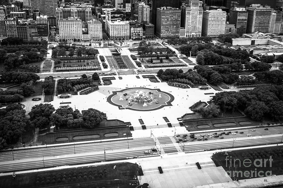 Chicago Aerial of Buckingham Fountain in Black and White Photograph by Paul Velgos