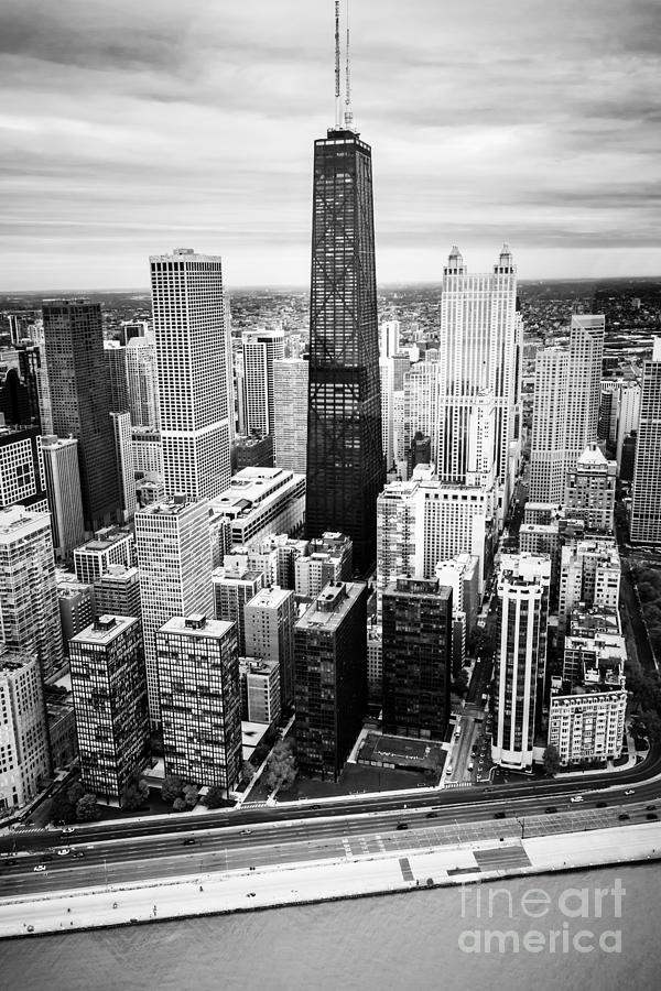 Chicago Aerial with Hancock Building in Black and White Photograph by Paul Velgos