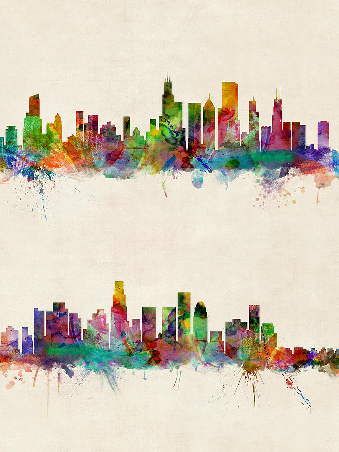 Chicago And Los Angeles Skylines Digital Art By Michael Tompsett - Pixels