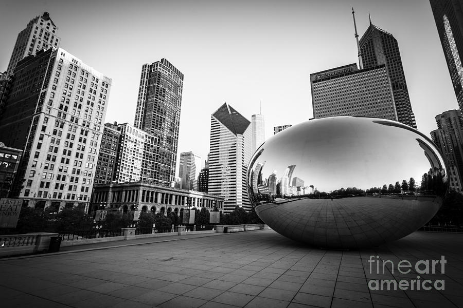 Chicago Bean And Chicago Skyline In Black And White Photograph